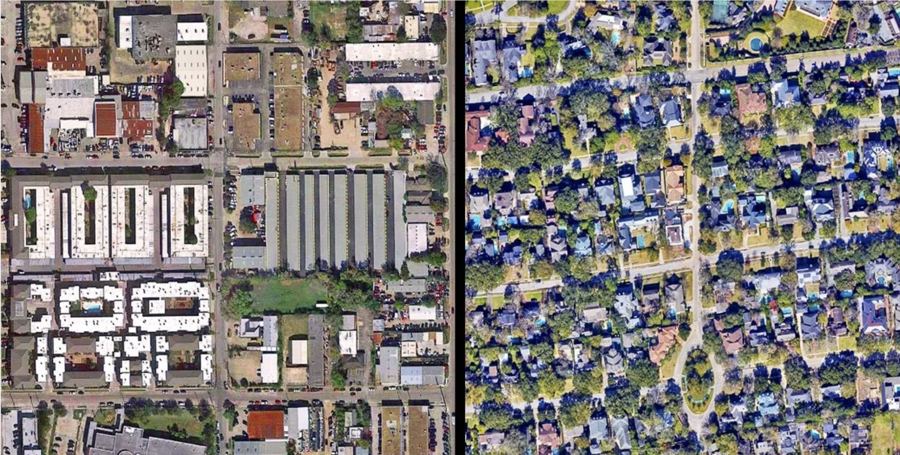 Aerial view comparing a tree-covered neighborhood with one that has few trees