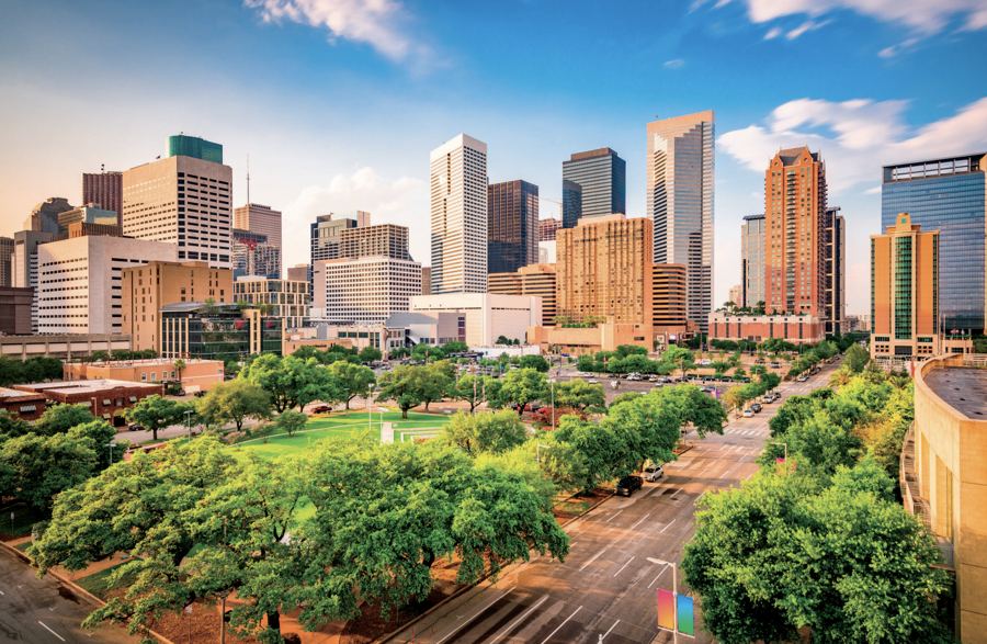Downtown Houston skyline with trees in the foreground